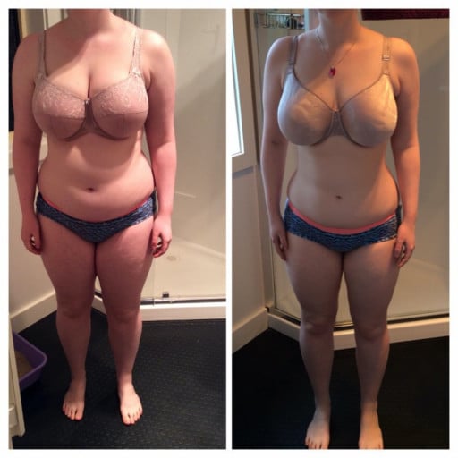 A picture of a 5'6" female showing a weight reduction from 185 pounds to 157 pounds. A net loss of 28 pounds.