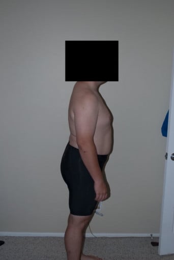 A before and after photo of a 5'10" male showing a snapshot of 244 pounds at a height of 5'10