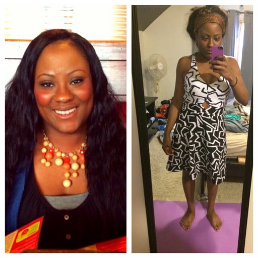 A progress pic of a 5'0" woman showing a weight reduction from 158 pounds to 125 pounds. A net loss of 33 pounds.