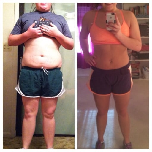 A photo of a 5'3" woman showing a weight cut from 205 pounds to 145 pounds. A net loss of 60 pounds.
