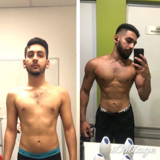 A before and after photo of a 5'8" male showing a weight bulk from 120 pounds to 143 pounds. A respectable gain of 23 pounds.
