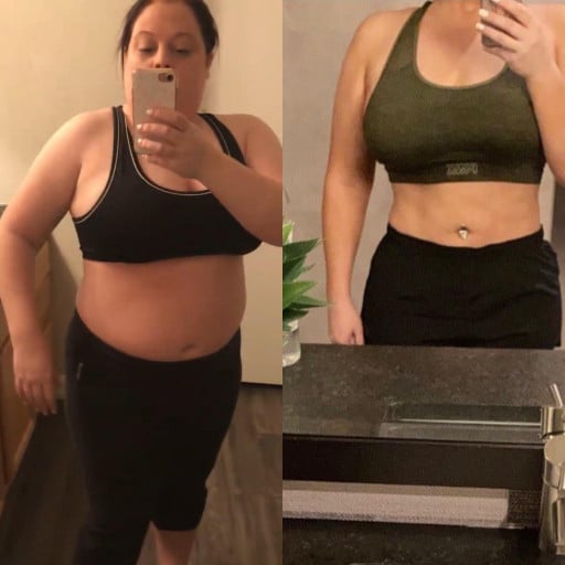 A progress pic of a 5'2" woman showing a fat loss from 260 pounds to 160 pounds. A total loss of 100 pounds.