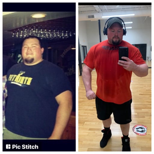 A progress pic of a 5'10" man showing a fat loss from 390 pounds to 299 pounds. A net loss of 91 pounds.