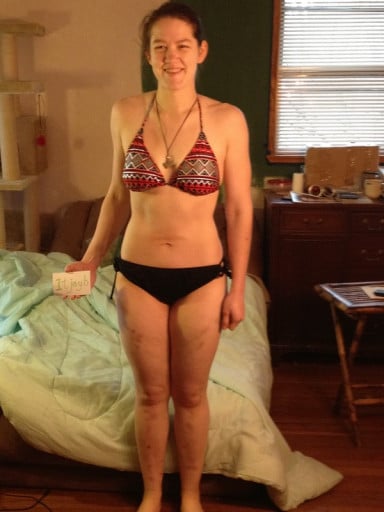 A progress pic of a 5'8" woman showing a snapshot of 159 pounds at a height of 5'8