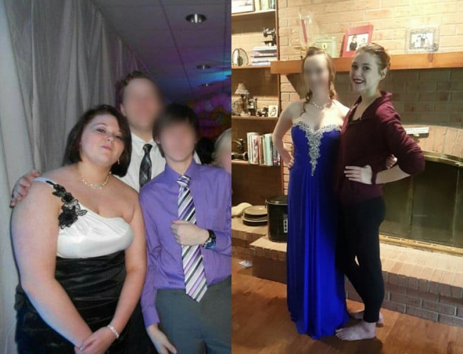 A progress pic of a 5'6" woman showing a fat loss from 255 pounds to 143 pounds. A net loss of 112 pounds.