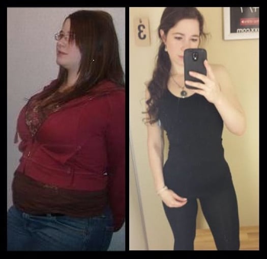 A progress pic of a 5'3" woman showing a fat loss from 210 pounds to 130 pounds. A total loss of 80 pounds.