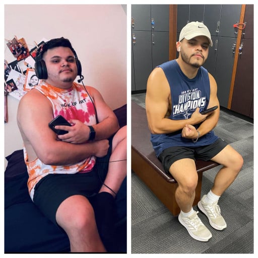 A progress pic of a 5'7" man showing a fat loss from 230 pounds to 185 pounds. A total loss of 45 pounds.