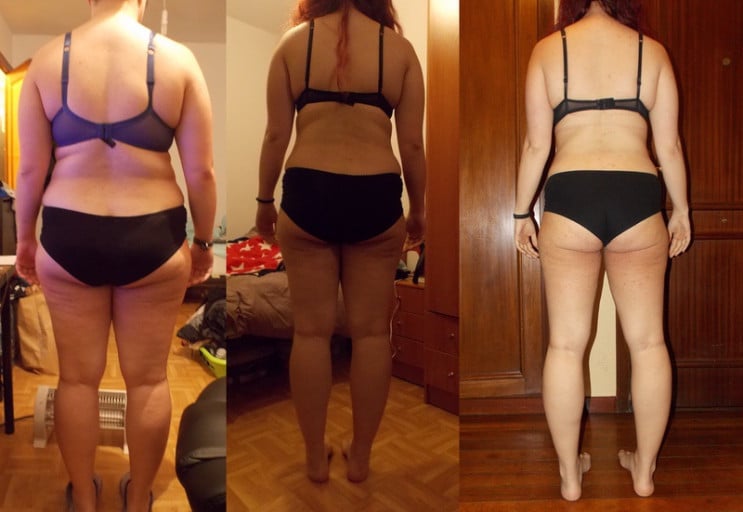 A picture of a 5'7" female showing a fat loss from 212 pounds to 182 pounds. A total loss of 30 pounds.