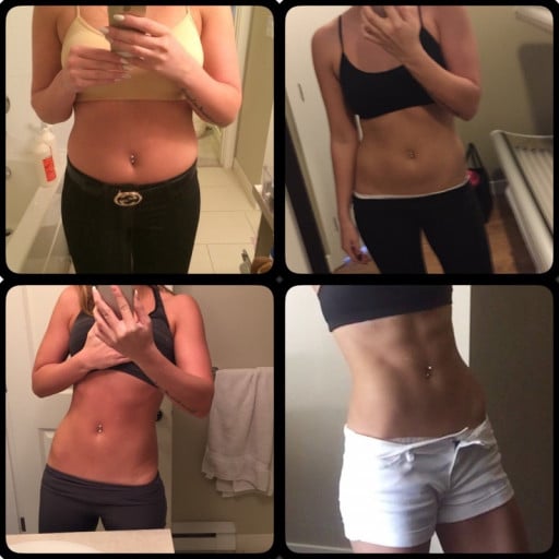 A progress pic of a 5'6" woman showing a fat loss from 161 pounds to 130 pounds. A net loss of 31 pounds.