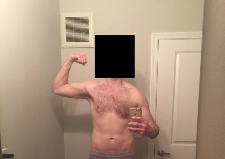 A before and after photo of a 6'4" male showing a snapshot of 202 pounds at a height of 6'4