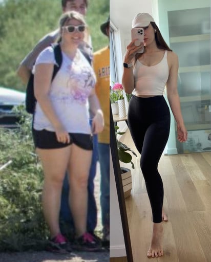 A picture of a 5'6" female showing a weight loss from 230 pounds to 148 pounds. A total loss of 82 pounds.