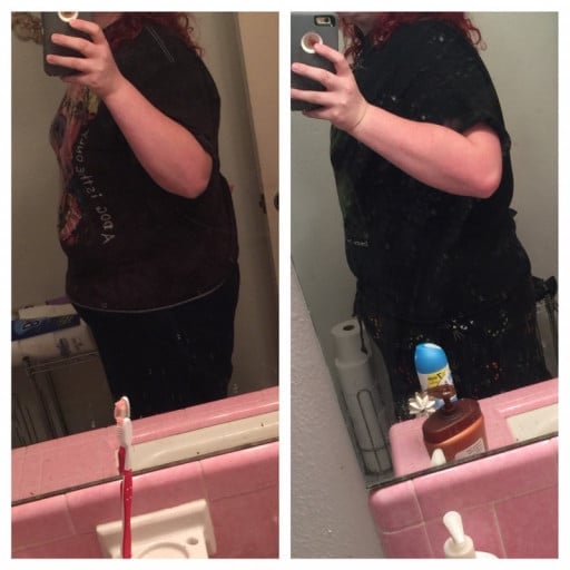 A progress pic of a 5'10" woman showing a fat loss from 325 pounds to 289 pounds. A net loss of 36 pounds.