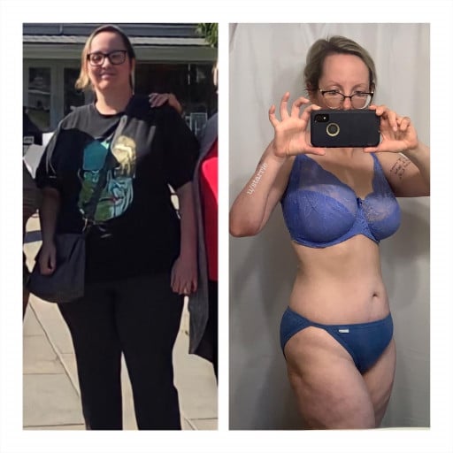A picture of a 5'6" female showing a weight loss from 239 pounds to 149 pounds. A total loss of 90 pounds.