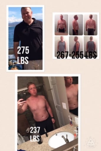 A progress pic of a 6'1" man showing a fat loss from 275 pounds to 237 pounds. A net loss of 38 pounds.