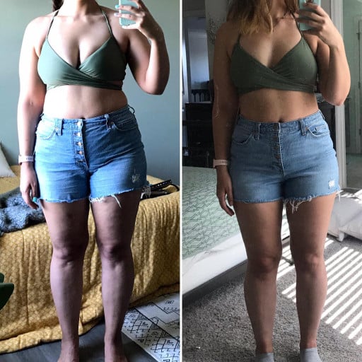 A photo of a 5'6" woman showing a weight cut from 190 pounds to 175 pounds. A total loss of 15 pounds.