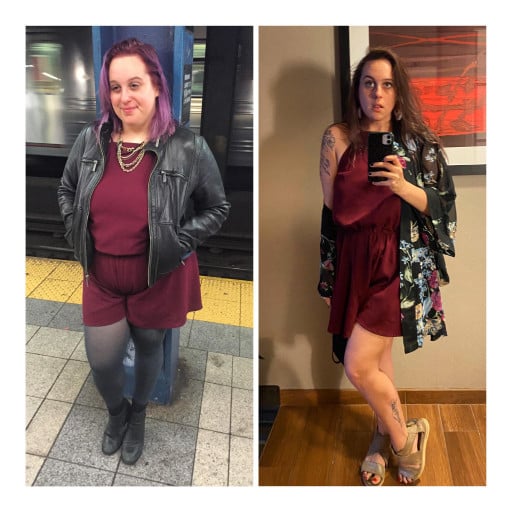 A before and after photo of a 5'0" female showing a weight reduction from 201 pounds to 138 pounds. A respectable loss of 63 pounds.