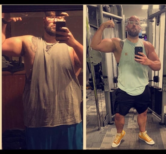 A photo of a 6'1" man showing a weight cut from 385 pounds to 275 pounds. A net loss of 110 pounds.