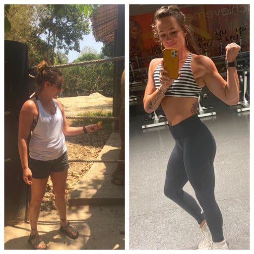 A progress pic of a 5'7" woman showing a fat loss from 175 pounds to 140 pounds. A net loss of 35 pounds.