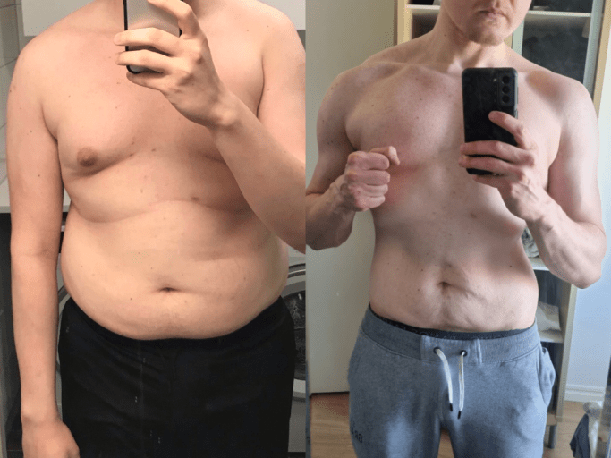 6 foot 2 Male 44 lbs Fat Loss Before and After 242 lbs to 198 lbs