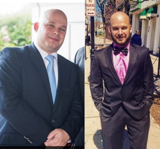 A before and after photo of a 5'6" male showing a weight reduction from 210 pounds to 180 pounds. A total loss of 30 pounds.