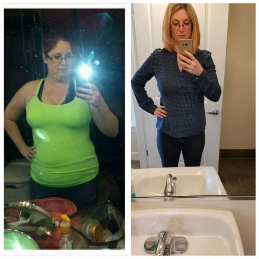 A before and after photo of a 5'8" female showing a weight reduction from 230 pounds to 155 pounds. A total loss of 75 pounds.