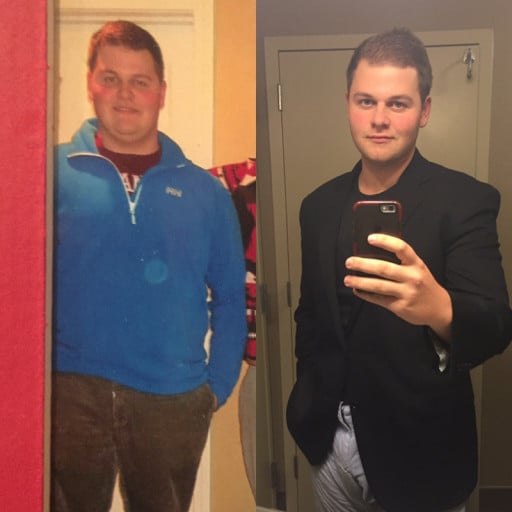 A before and after photo of a 6'0" male showing a weight reduction from 260 pounds to 215 pounds. A net loss of 45 pounds.