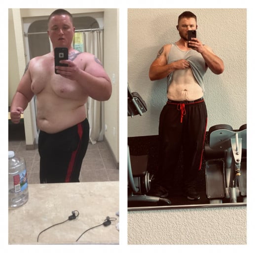 A before and after photo of a 6'1" male showing a weight reduction from 330 pounds to 227 pounds. A respectable loss of 103 pounds.