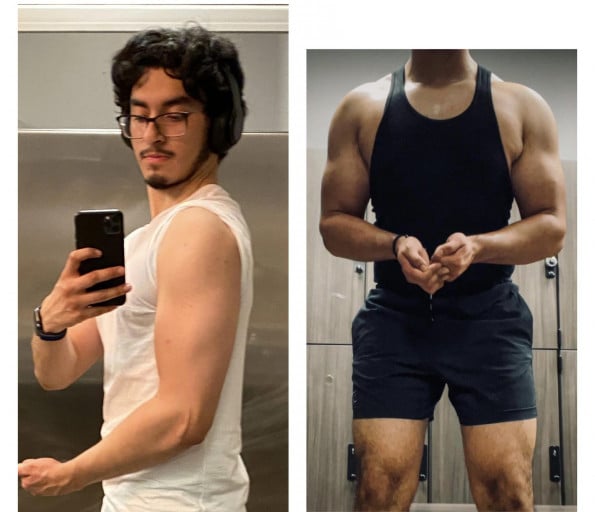 A before and after photo of a 6'2" male showing a muscle gain from 180 pounds to 212 pounds. A total gain of 32 pounds.