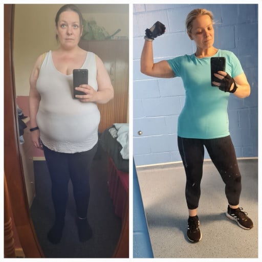 A progress pic of a 5'2" woman showing a fat loss from 205 pounds to 135 pounds. A respectable loss of 70 pounds.