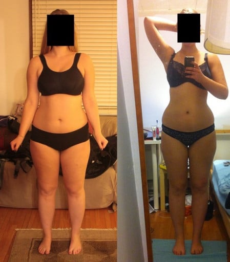 A before and after photo of a 5'9" female showing a weight loss from 192 pounds to 176 pounds. A net loss of 16 pounds.