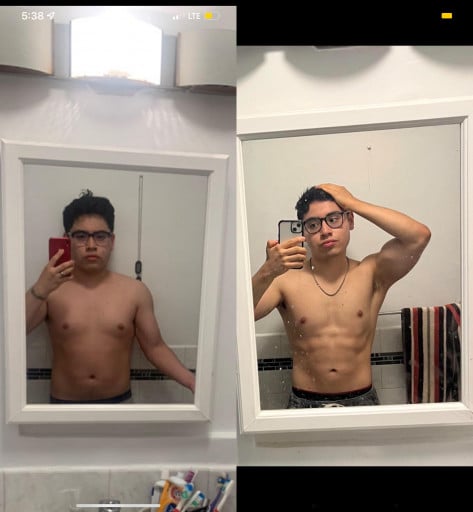 Before and After 30 lbs Fat Loss 5 foot 7 Male 170 lbs to 140 lbs