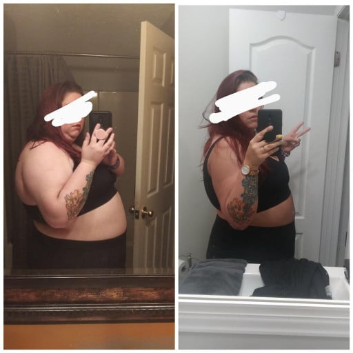 A picture of a 5'5" female showing a weight loss from 296 pounds to 244 pounds. A total loss of 52 pounds.