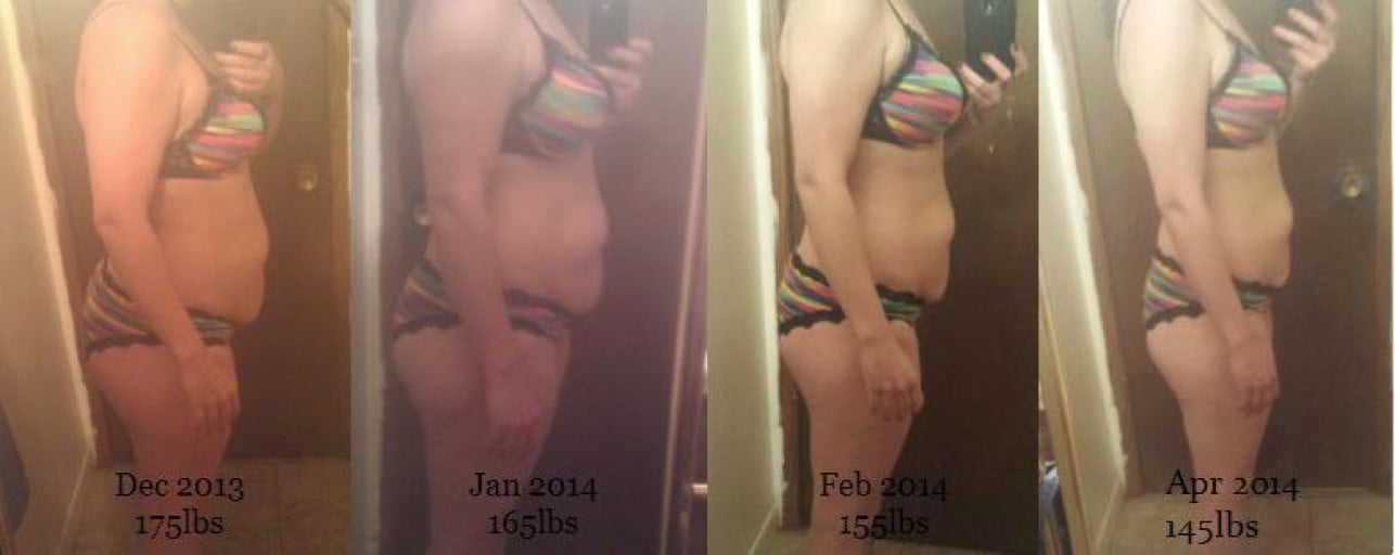 A photo of a 5'4" woman showing a weight loss from 175 pounds to 145 pounds. A net loss of 30 pounds.
