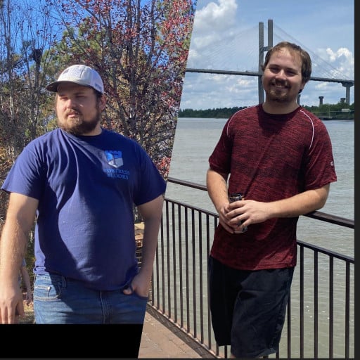 A progress pic of a 6'1" man showing a fat loss from 260 pounds to 202 pounds. A net loss of 58 pounds.