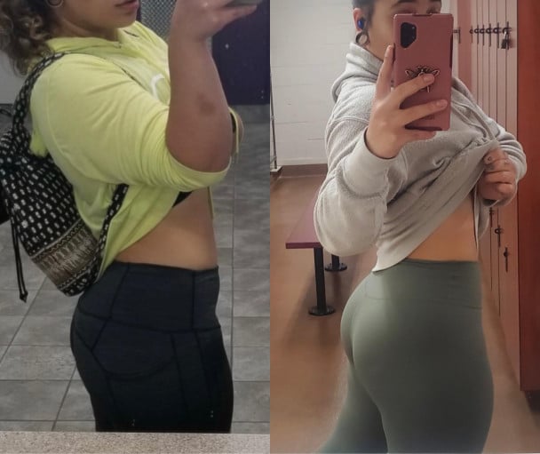 A progress pic of a 5'4" woman showing a muscle gain from 127 pounds to 139 pounds. A net gain of 12 pounds.