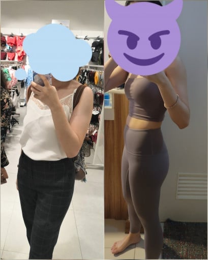 A progress pic of a 5'2" woman showing a fat loss from 115 pounds to 101 pounds. A total loss of 14 pounds.