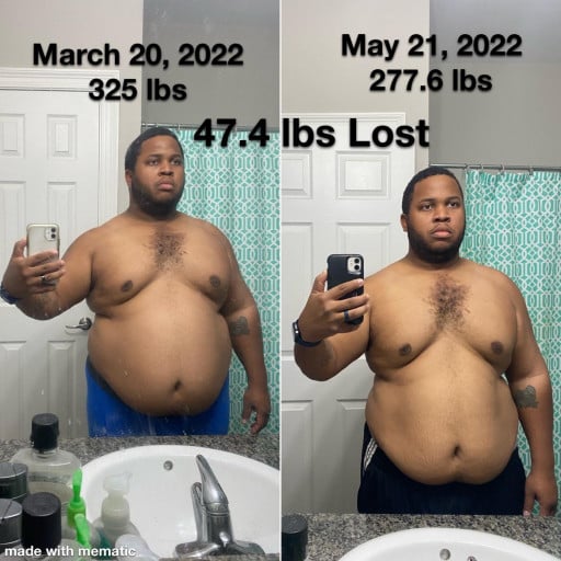 A photo of a 5'8" man showing a weight cut from 325 pounds to 277 pounds. A net loss of 48 pounds.