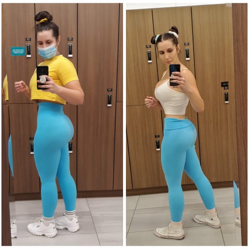 A progress pic of a 5'5" woman showing a fat loss from 180 pounds to 150 pounds. A net loss of 30 pounds.