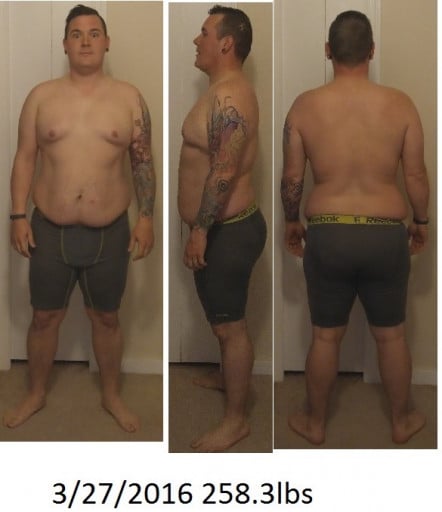 A photo of a 6'0" man showing a weight loss from 295 pounds to 259 pounds. A respectable loss of 36 pounds.