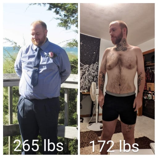 A before and after photo of a 5'8" male showing a weight reduction from 265 pounds to 172 pounds. A net loss of 93 pounds.