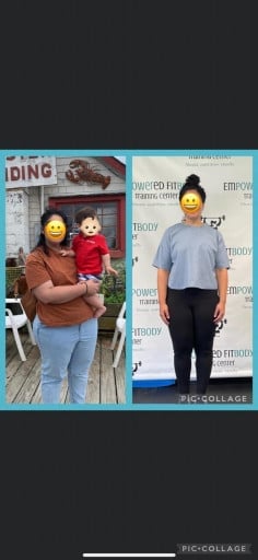 A picture of a 5'3" female showing a weight loss from 222 pounds to 175 pounds. A respectable loss of 47 pounds.