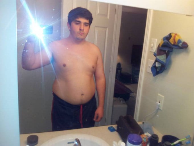 A before and after photo of a 5'10" male showing a fat loss from 250 pounds to 165 pounds. A respectable loss of 85 pounds.