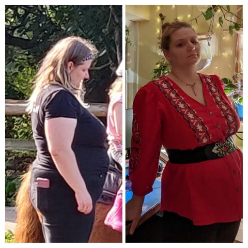 A progress pic of a 5'6" woman showing a fat loss from 258 pounds to 196 pounds. A net loss of 62 pounds.