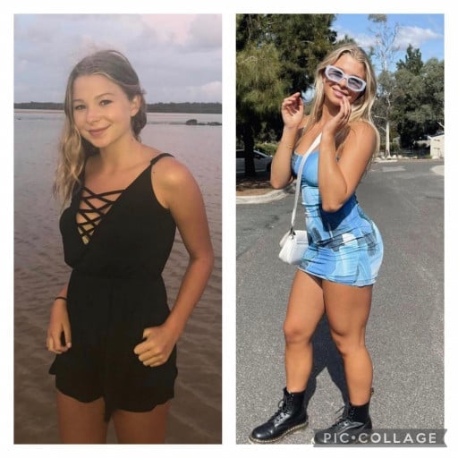 A before and after photo of a 5'4" female showing a muscle gain from 100 pounds to 115 pounds. A net gain of 15 pounds.