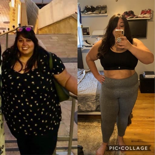 A picture of a 5'4" female showing a weight loss from 342 pounds to 252 pounds. A total loss of 90 pounds.