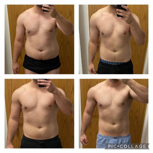 A progress pic of a 5'8" man showing a fat loss from 220 pounds to 187 pounds. A total loss of 33 pounds.