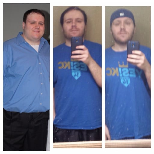 A before and after photo of a 6'2" male showing a weight reduction from 340 pounds to 240 pounds. A net loss of 100 pounds.