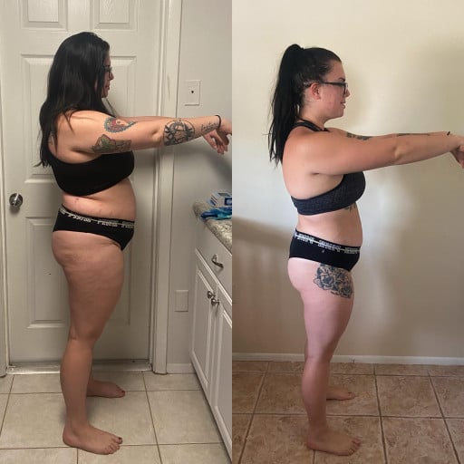 A photo of a 5'4" woman showing a weight cut from 205 pounds to 182 pounds. A net loss of 23 pounds.
