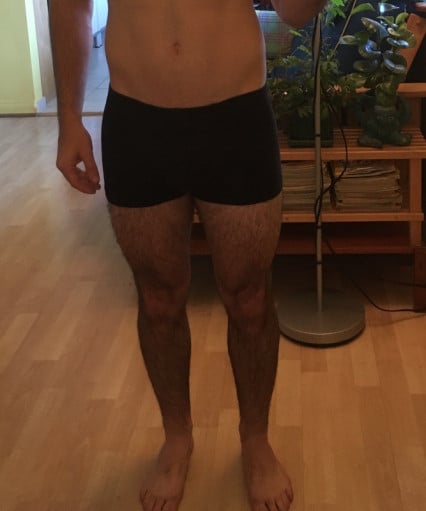 A before and after photo of a 5'5" male showing a snapshot of 136 pounds at a height of 5'5
