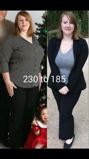 A photo of a 5'4" woman showing a weight cut from 230 pounds to 185 pounds. A respectable loss of 45 pounds.